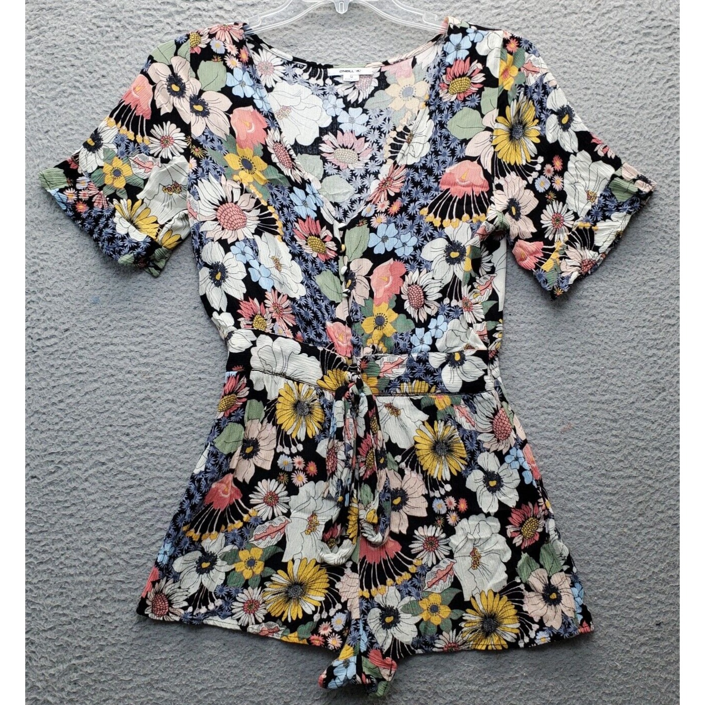 O'Neill Romper Women Medium Multi Floral Viscose Tie Waist V Neck Button Front