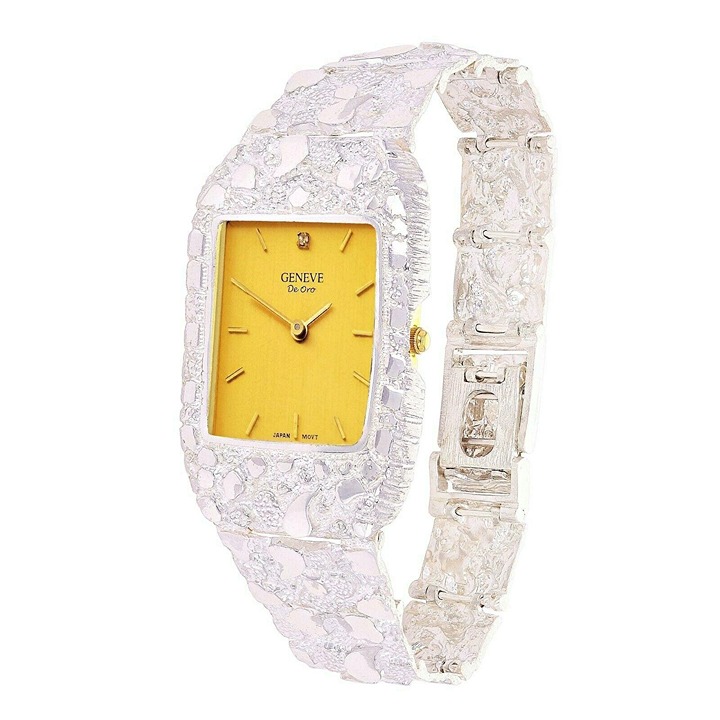 Mens Wrist Watch 925 Sterling Silver Nugget Geneve Diamond Watch 7-7.5