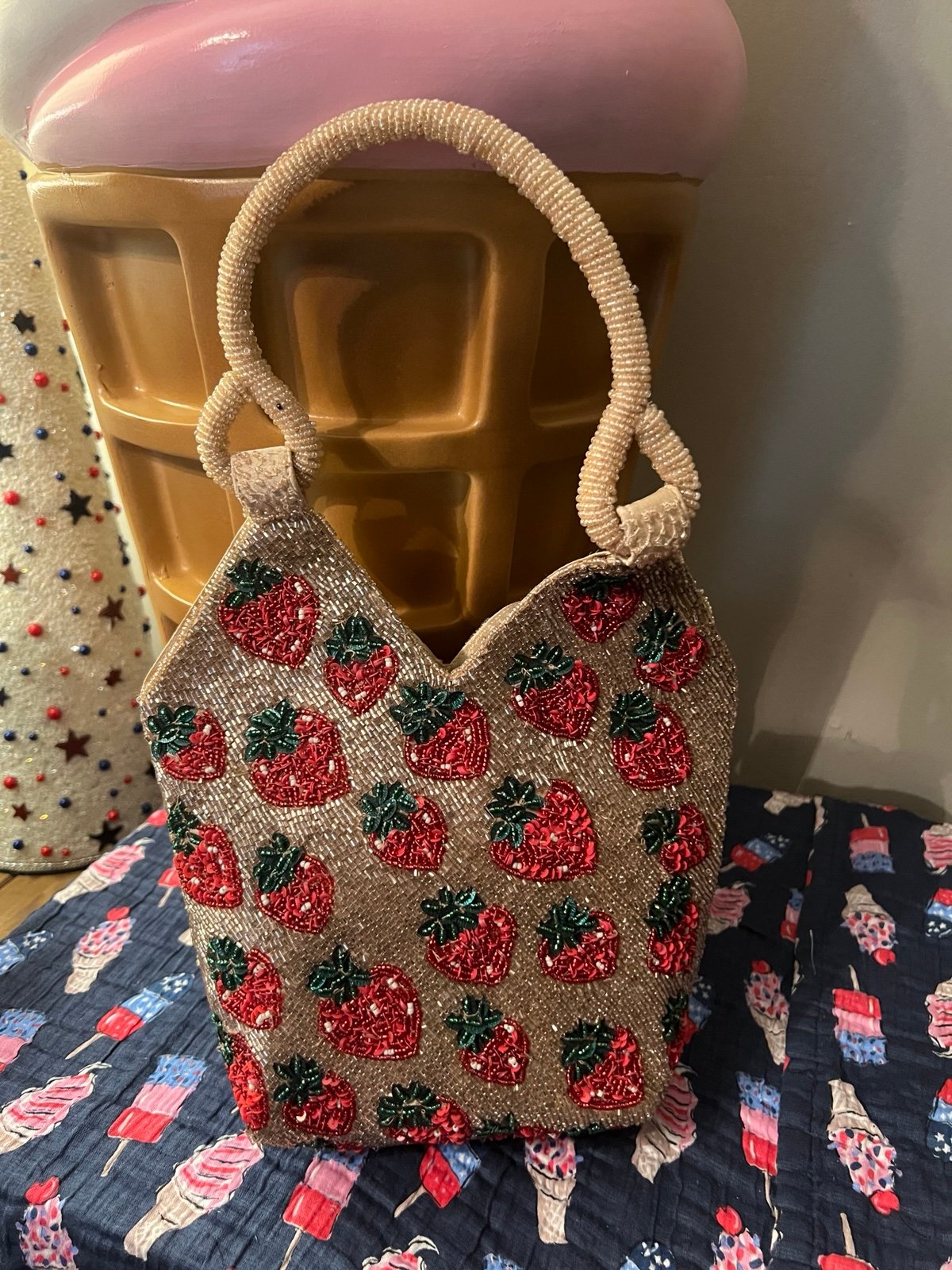 Viral Handcrafted India Strawberry Beaded Tote