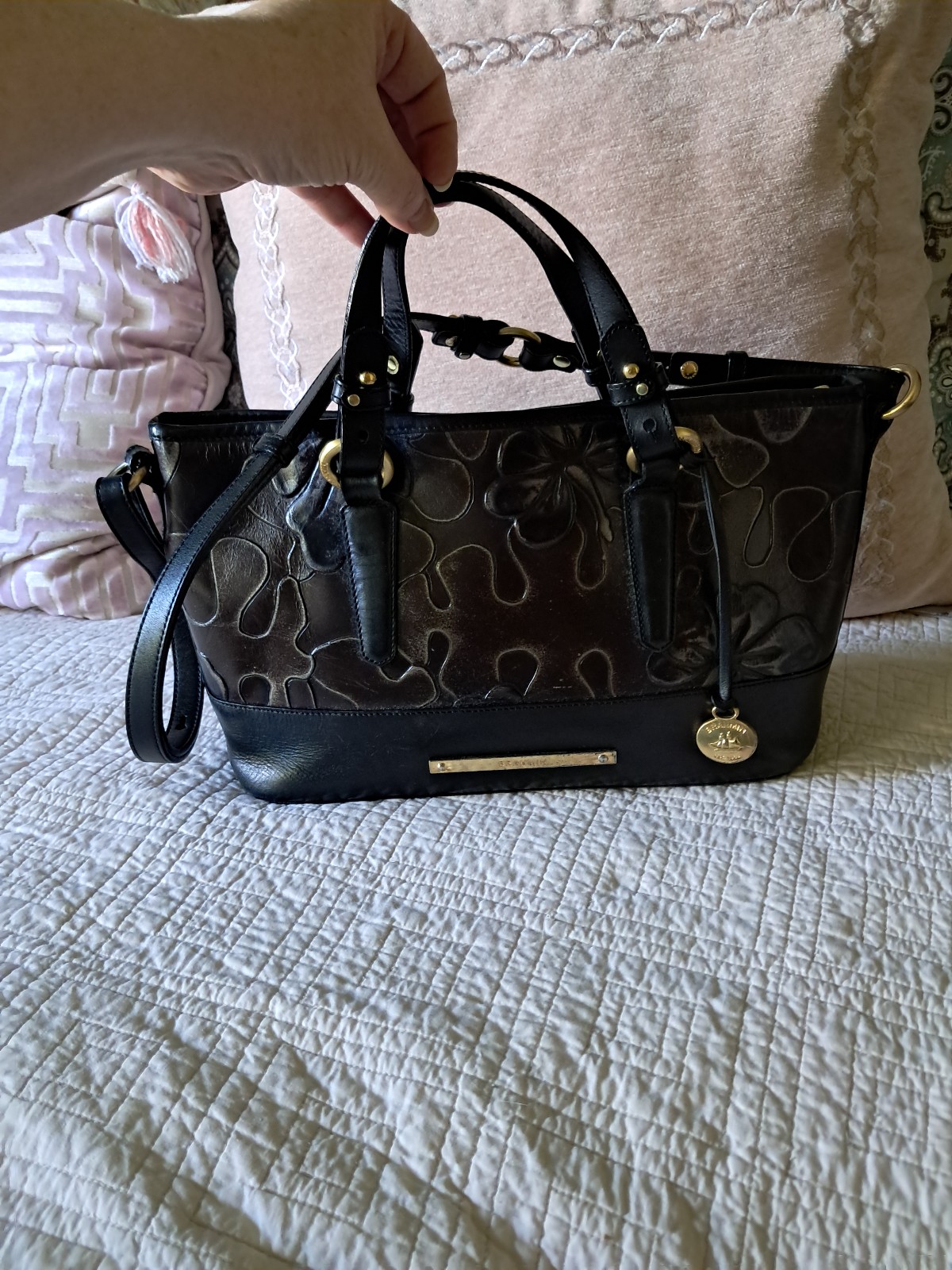 Rare Brahmin Brown Black Silver Floral Jody Satchel with Crossbody Strap
