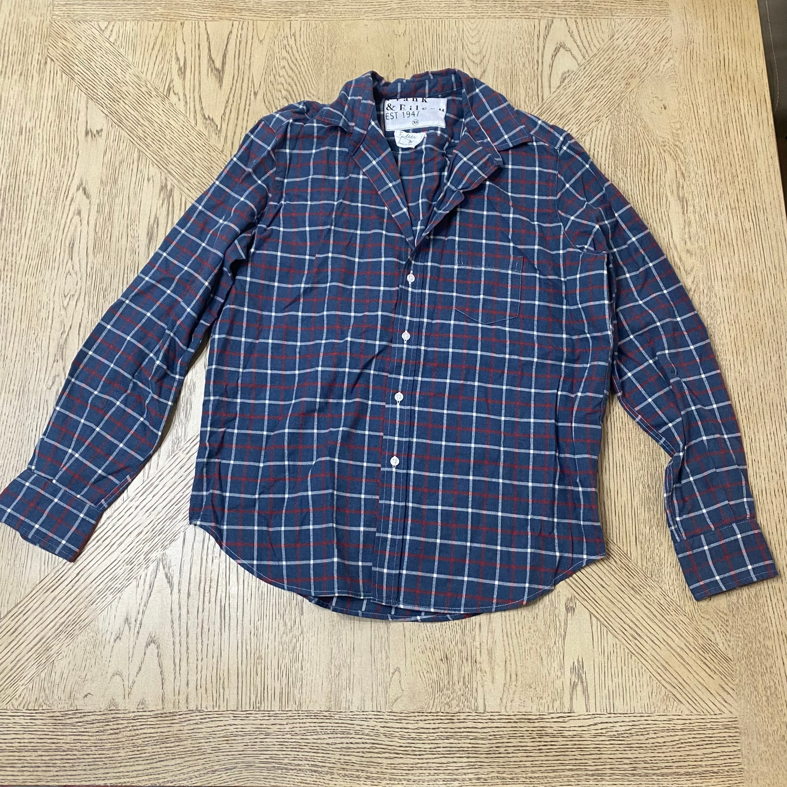 Frank & Eileen Eileen Button Down Navy Blue Plaid Stripe XS