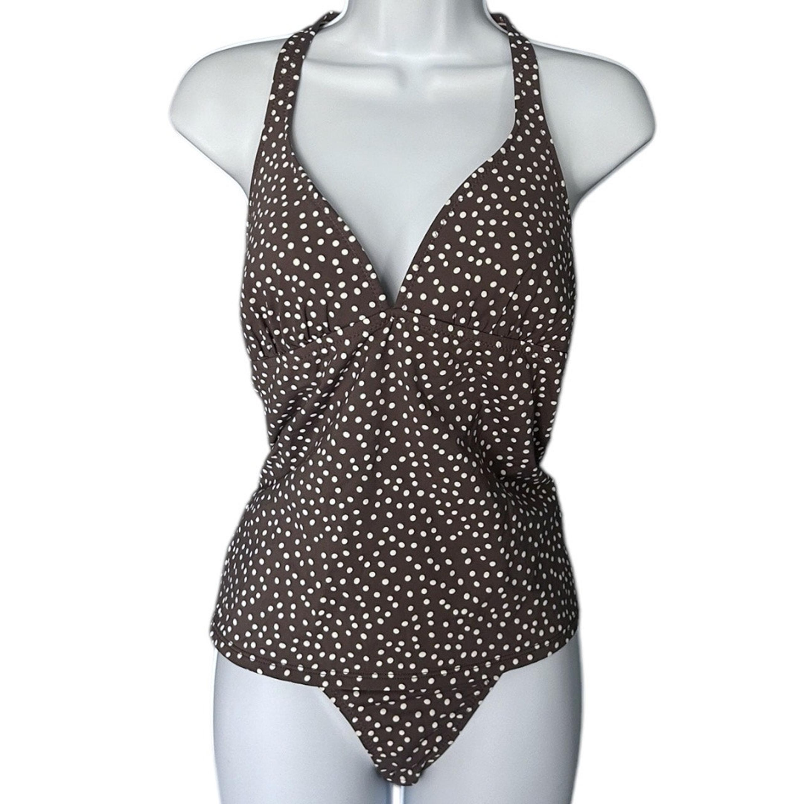 Garnet Hill Signature Tankini Top & Bikini Bottom Women's 12 Brown Polka Dot