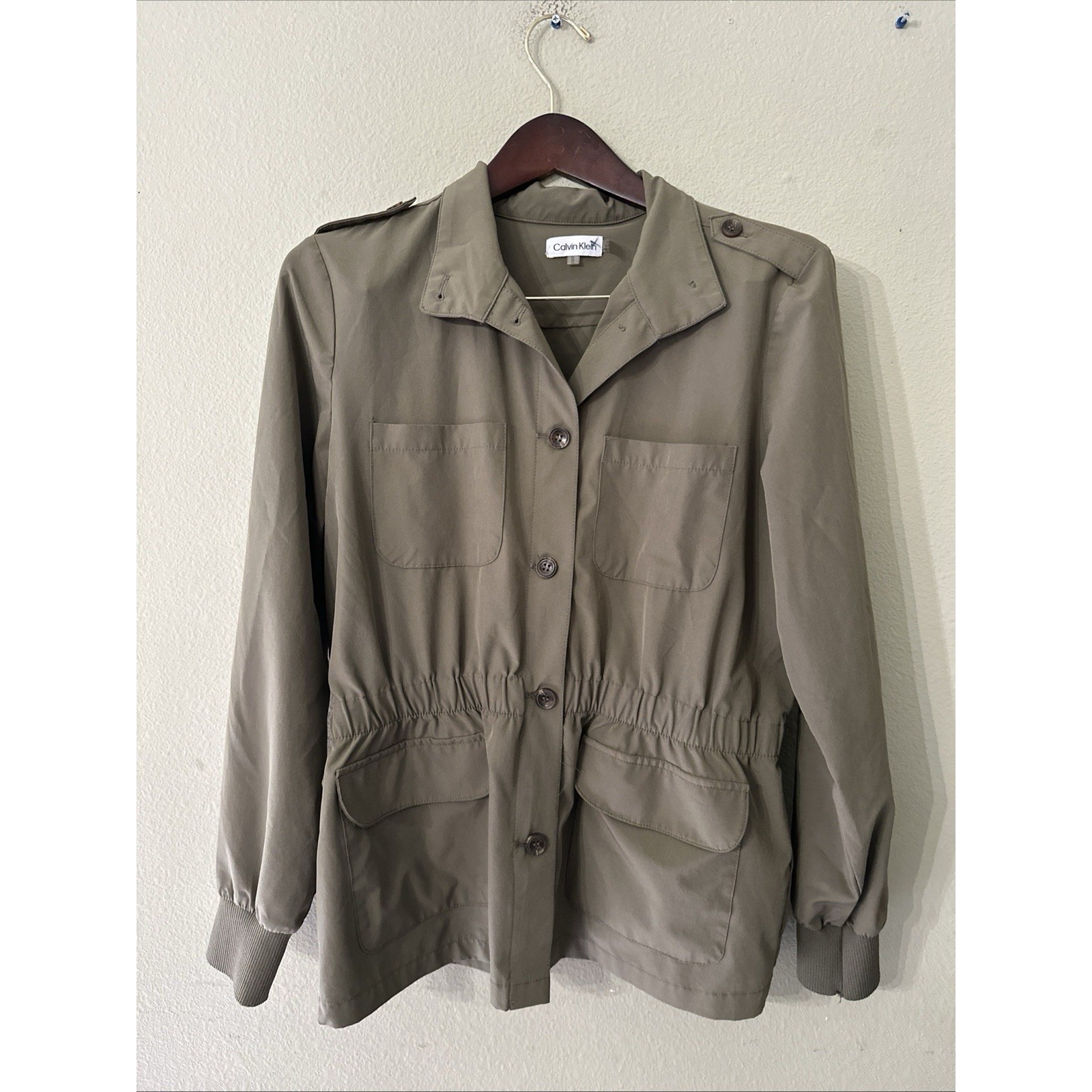 Calvin Klein Utility Jacket Shirt Blouse Medium Green Elastic Waistband