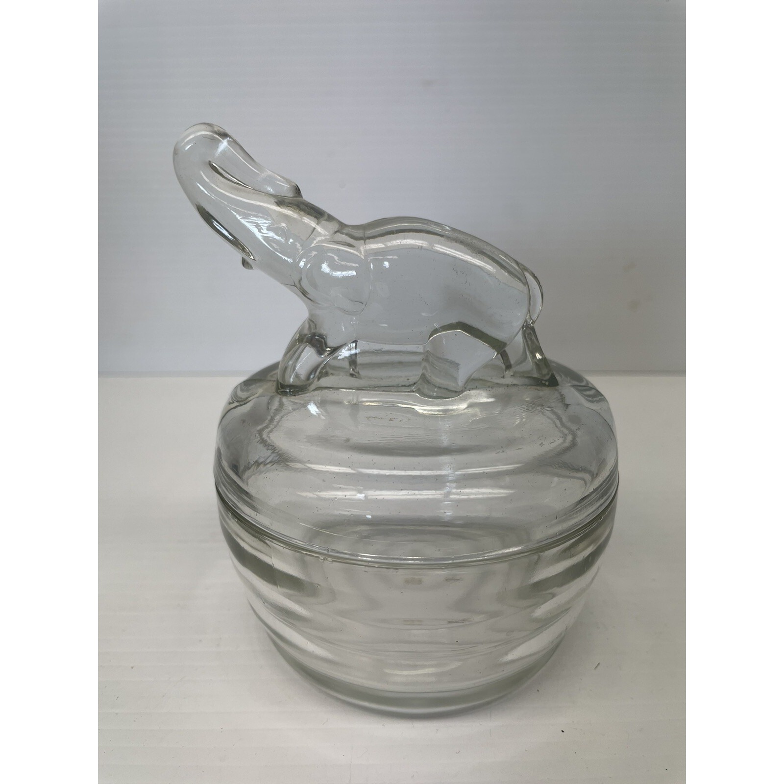Vintage Clear Depression Glass Trinket Ring Holder Dish Elephant Handle Lid