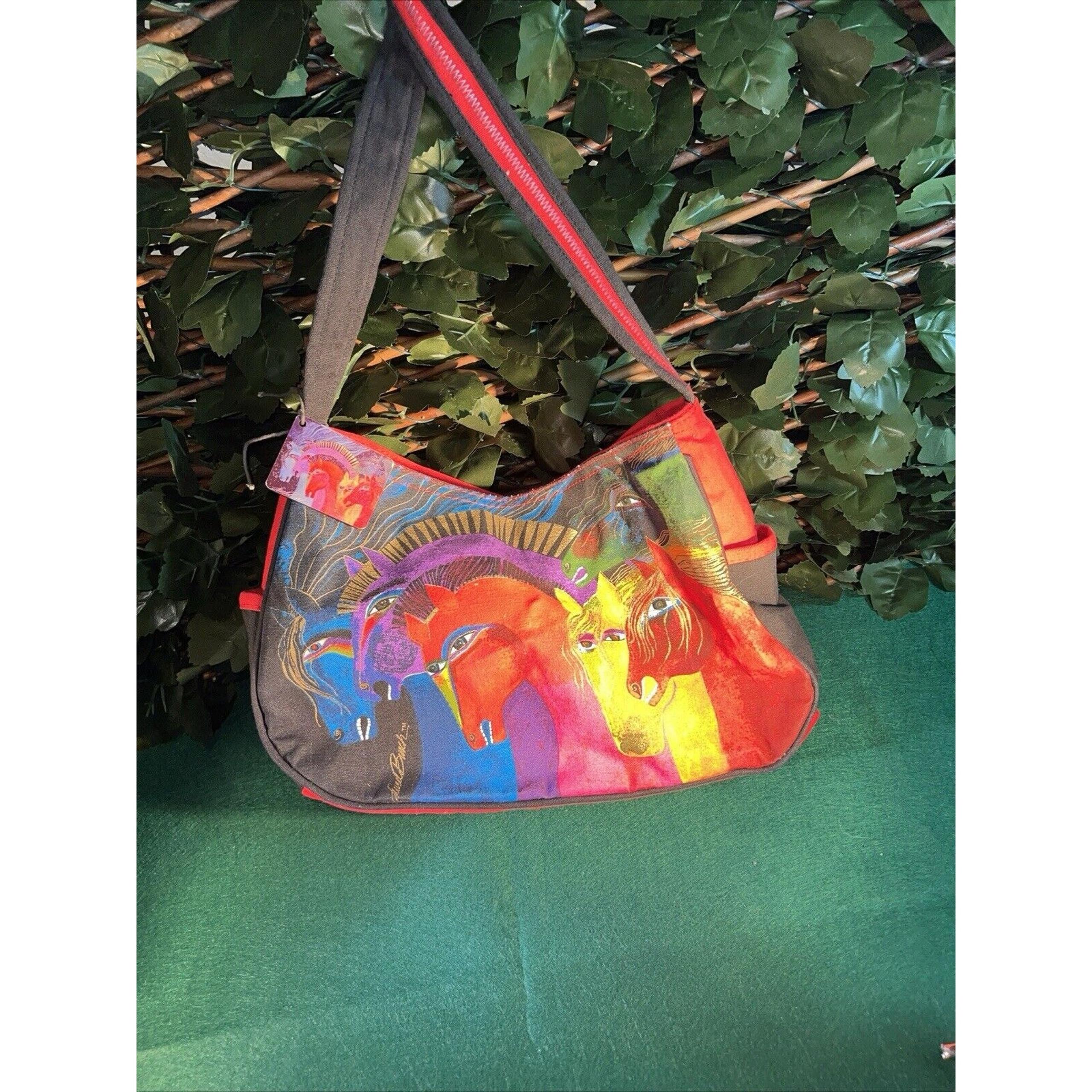 Shoulder Bag Purse Wild Horses Of Fire Hand Painted Canvas Red Blk - Laurel Burch