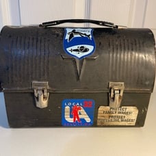 Vintage Thermos Black Dome top Lunch Box with Union Labor stickers seattle