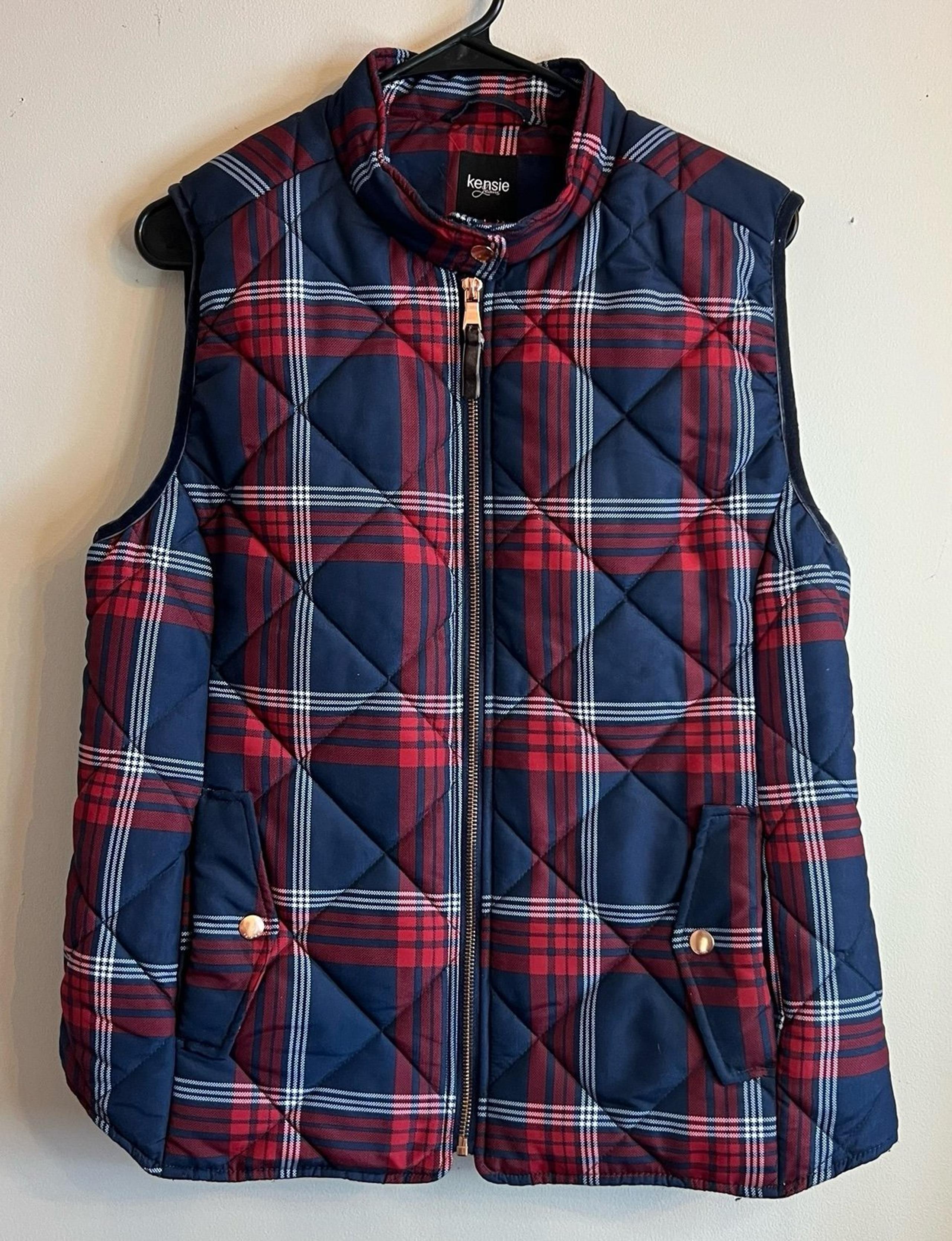Kensie Jeans Womens L Plaid Zip Up Puffer Vest Navy And Red EUC Winter