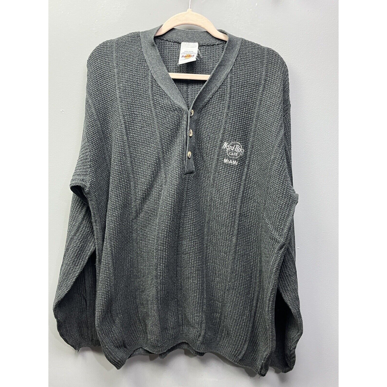Vintage HARD ROCK CAFE MIAMI Sweater Mens Large Gray Button Henley