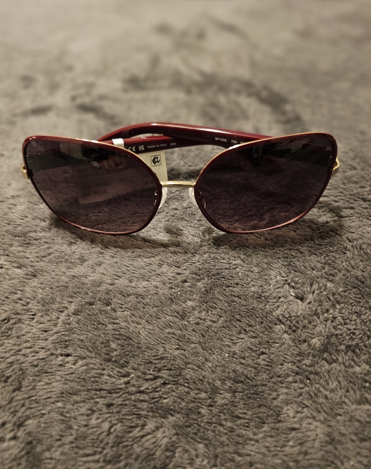 Ferragamo Sunglasses Bordeaux Light Shiny Gold Rectangular.