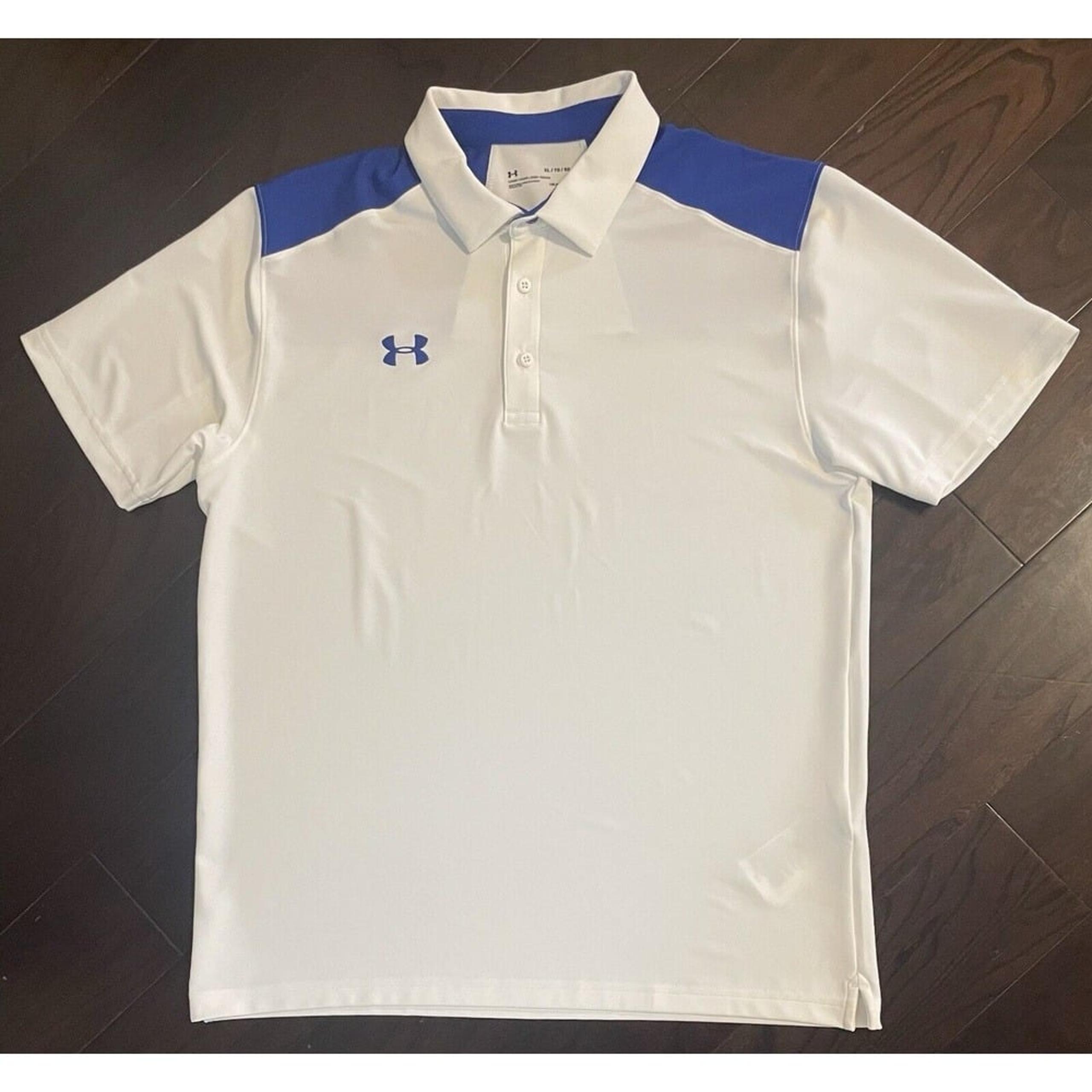Under Armour Golf Polo HeatGear Loose White Blue Athletic Golf Shirt Mens XL