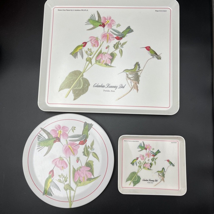 Lot Set Of 3 JJ Audubon Columbian Humming Bird Melamine Serving Trays Italy
