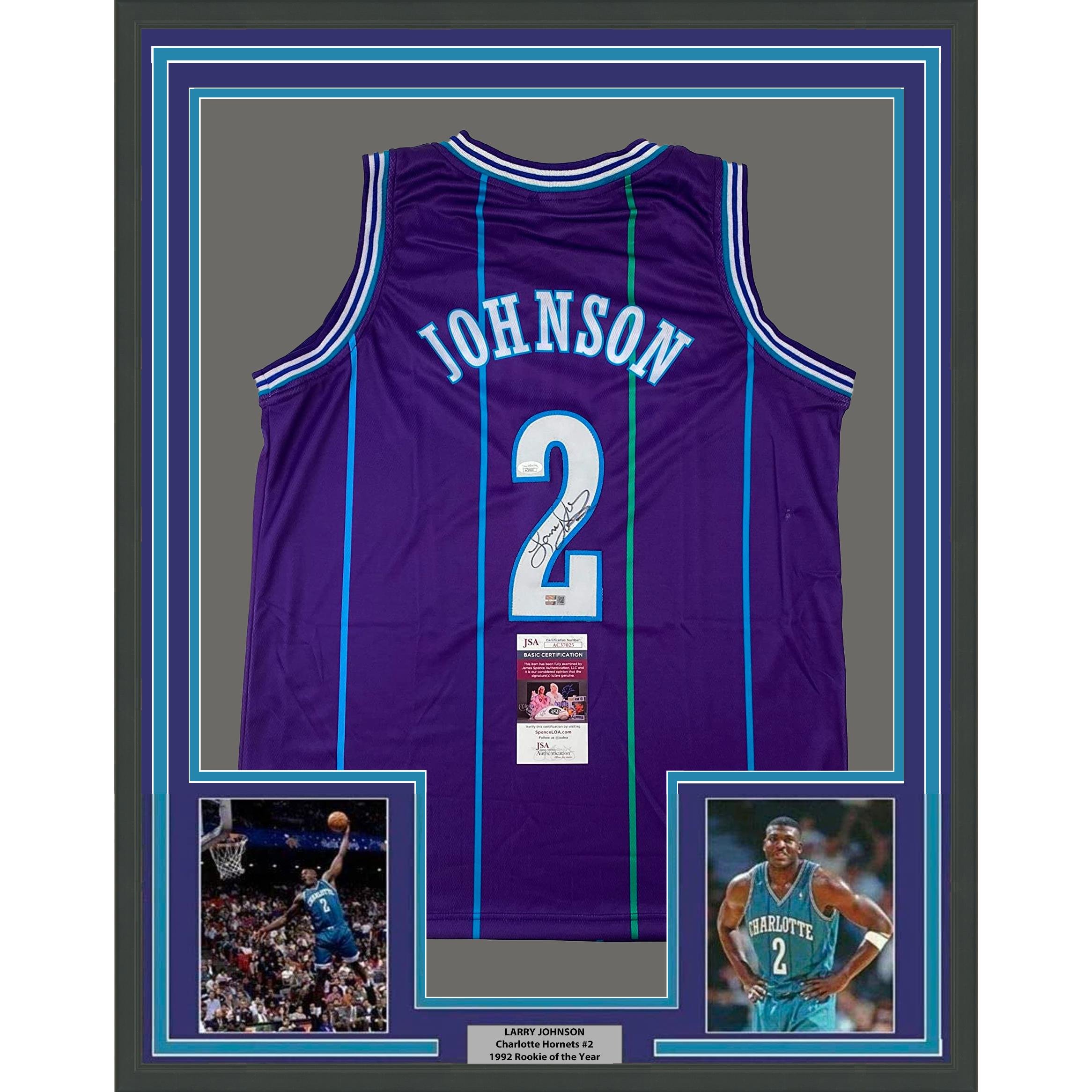 Framed Autographed/Signed Larry Johnson 35x39 Charlotte Purple Jersey JSA COA