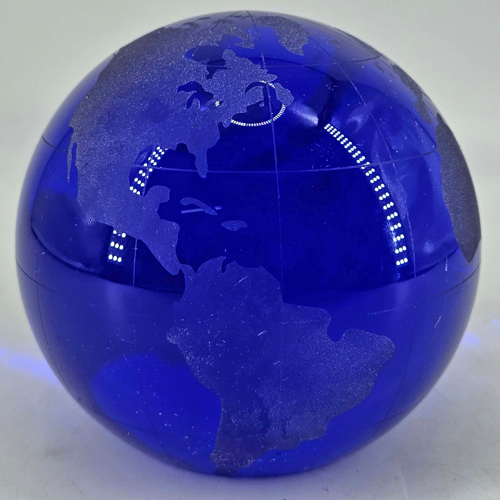 Cobalt Art Glass Etched Topography World Globe Paperweight polished bottom 4 