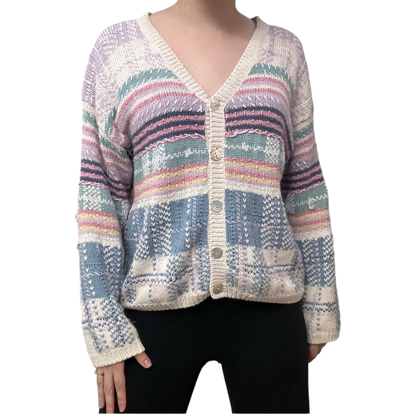 Vintage Sweater Knit Patchwork Kawaii Pastel Dainty Grandmacore Size Large