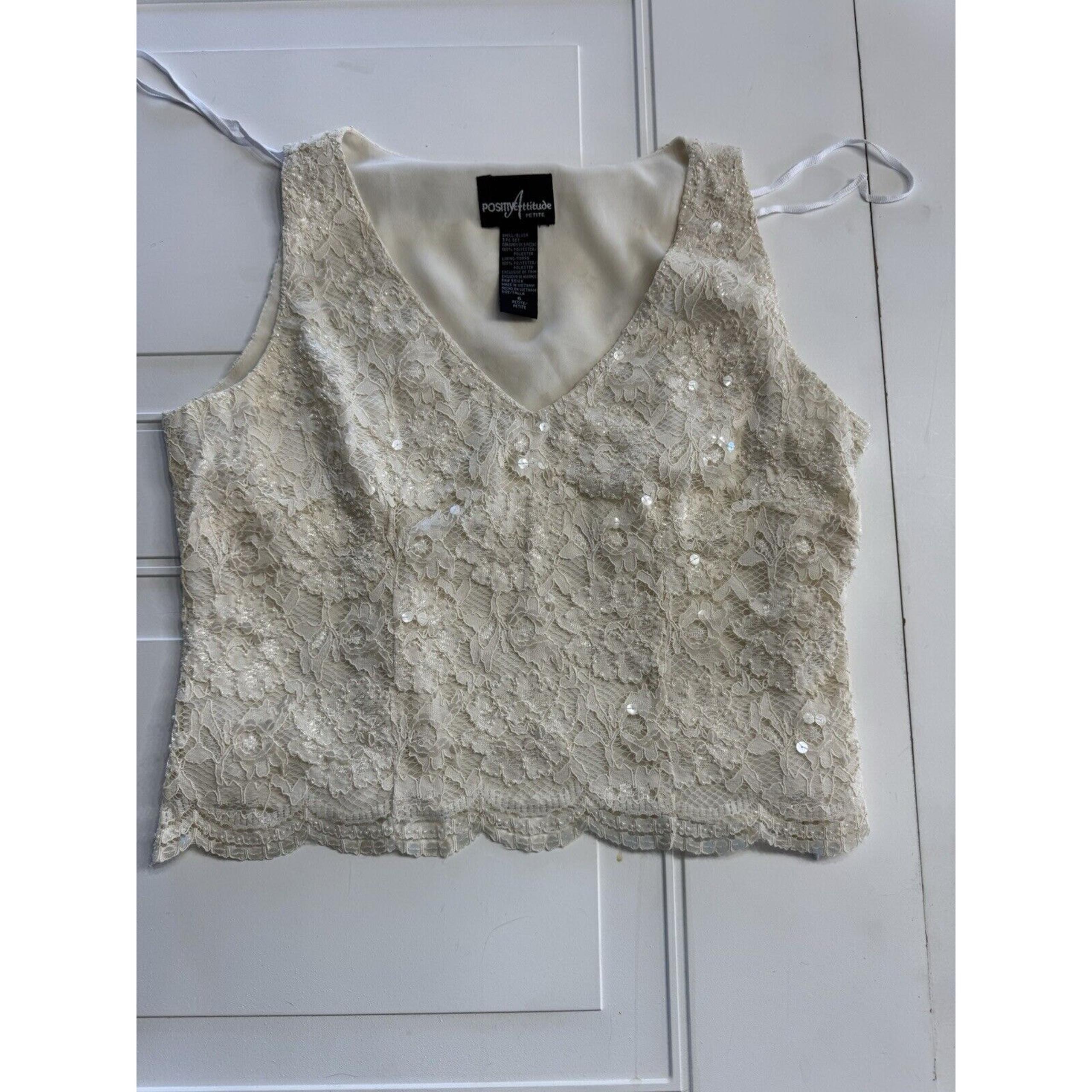 Positive Attitude Vintage Women 6P White Beaded Sequin Lace Crop Sleeveless Top