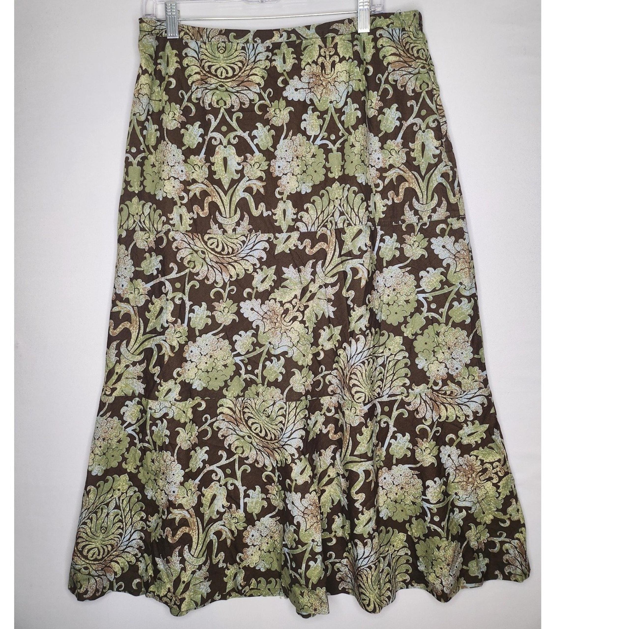 Vintage Harolds Women's Midi Skirt Brown/Green Floral Size 14 Side Zip Cotton