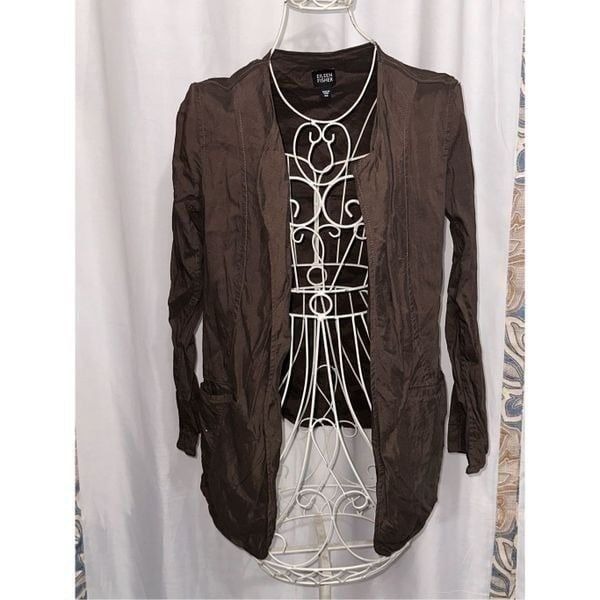 BEAUTIFUL Eileen Fisher LIGHTWEIGHT Open Front Chocolate Brown Linen Blend Cardi