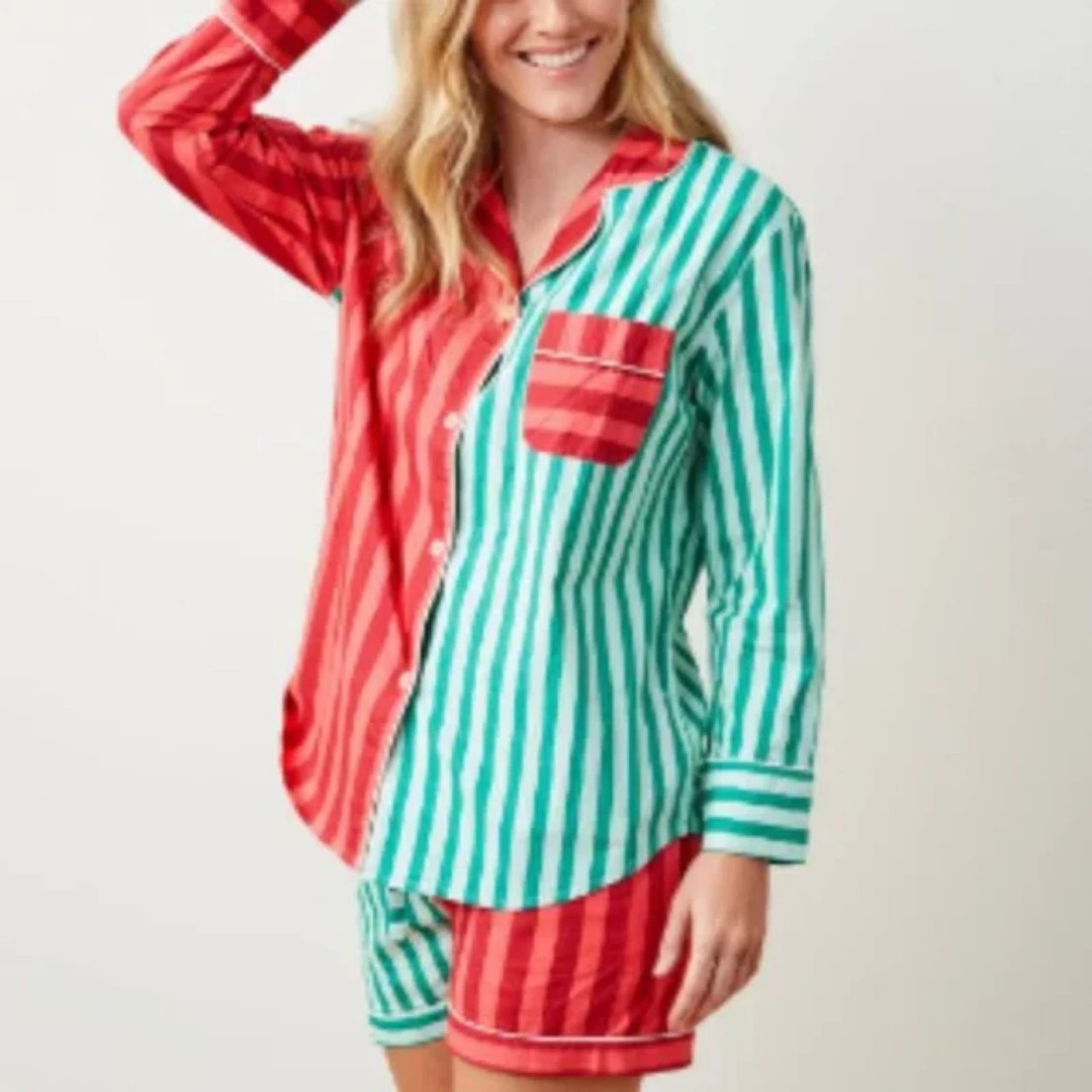 PrintFresh Pajama Top women's XL Red Green Holiday Stripes Mint Cotton Lounge PJ