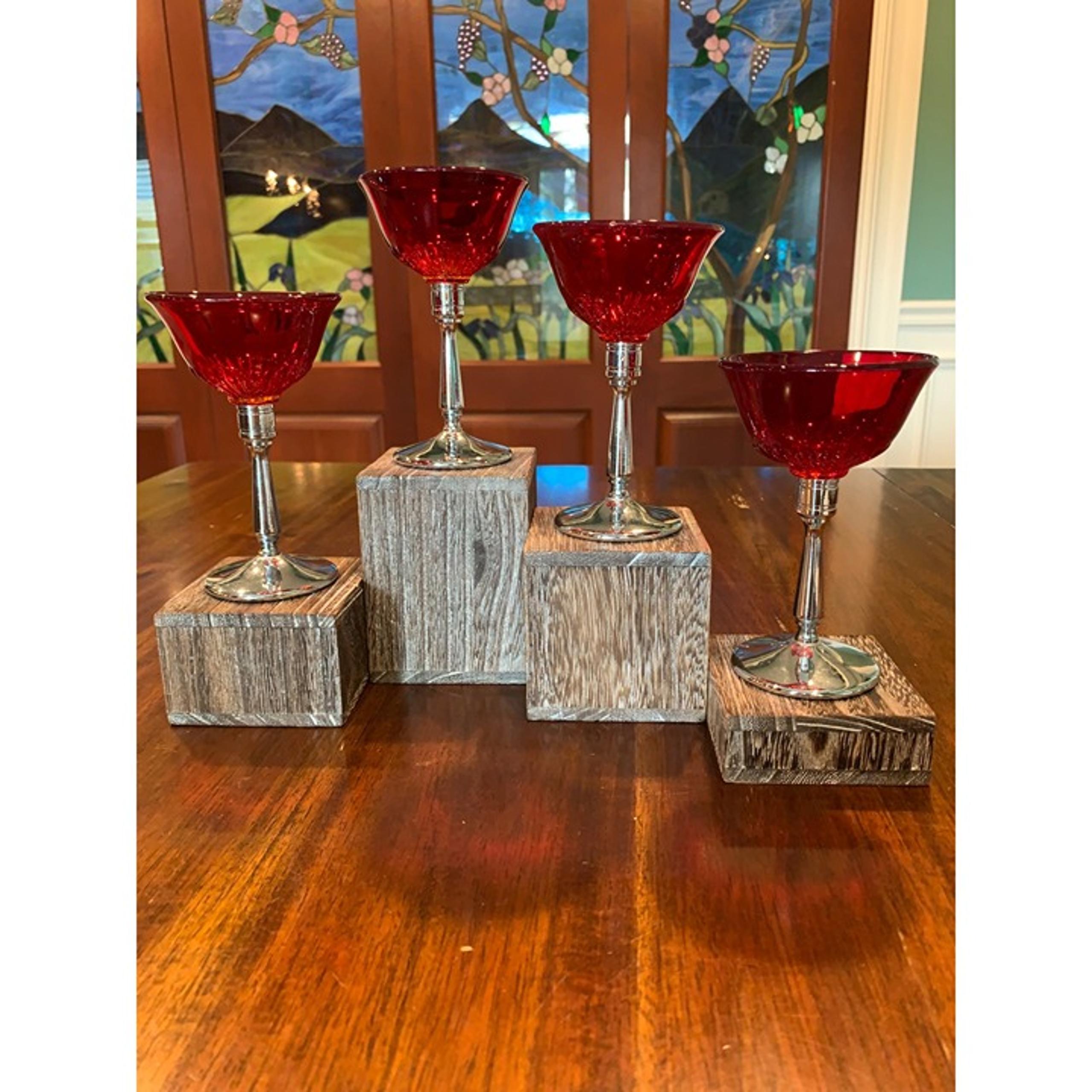 Vintage Cambridge Tally Ho Ruby Red And Chrome Liquor Glasses. 1930s