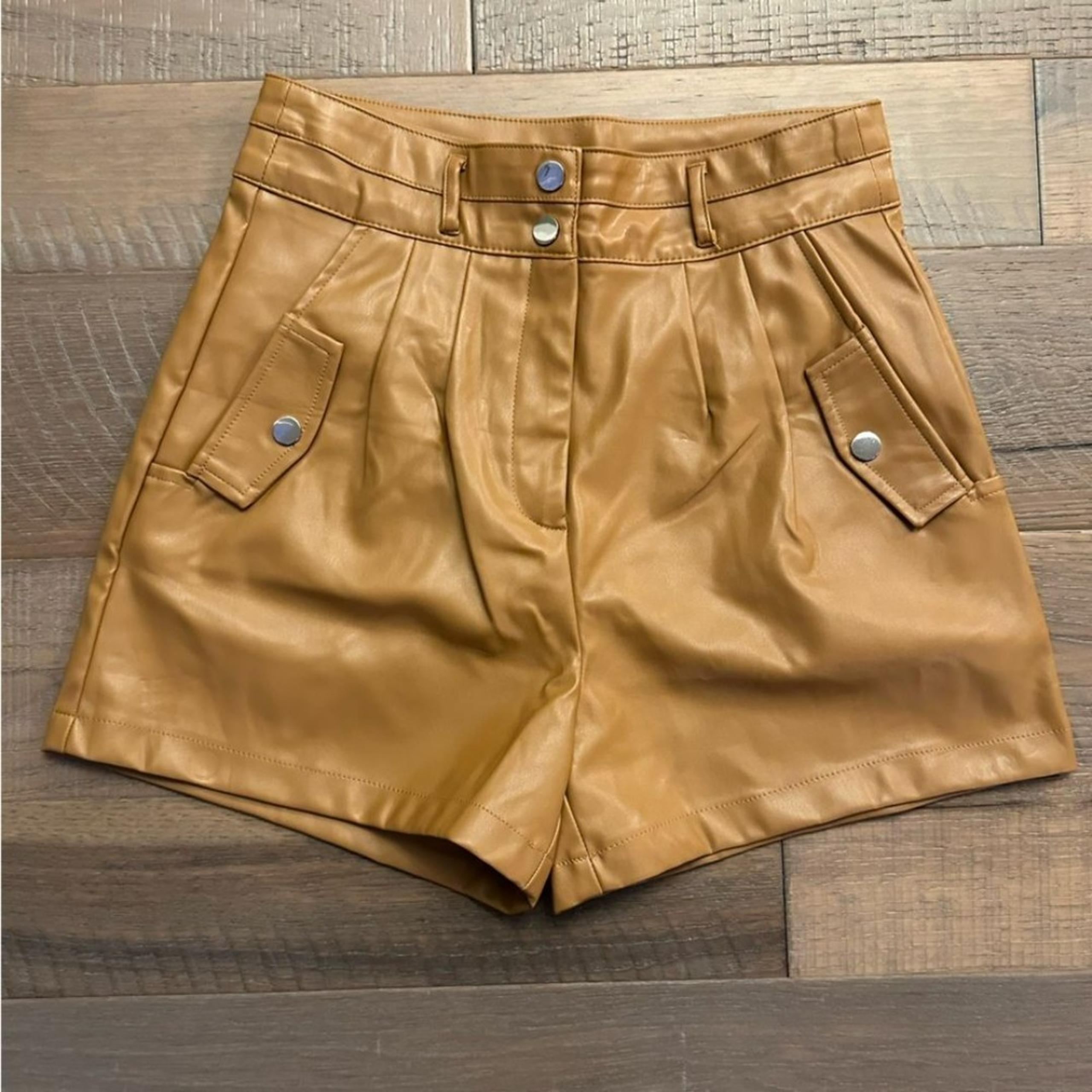 Love Tree Faux Leather Pleather Vinyl Tan Carmel High waisted Short Shorts
