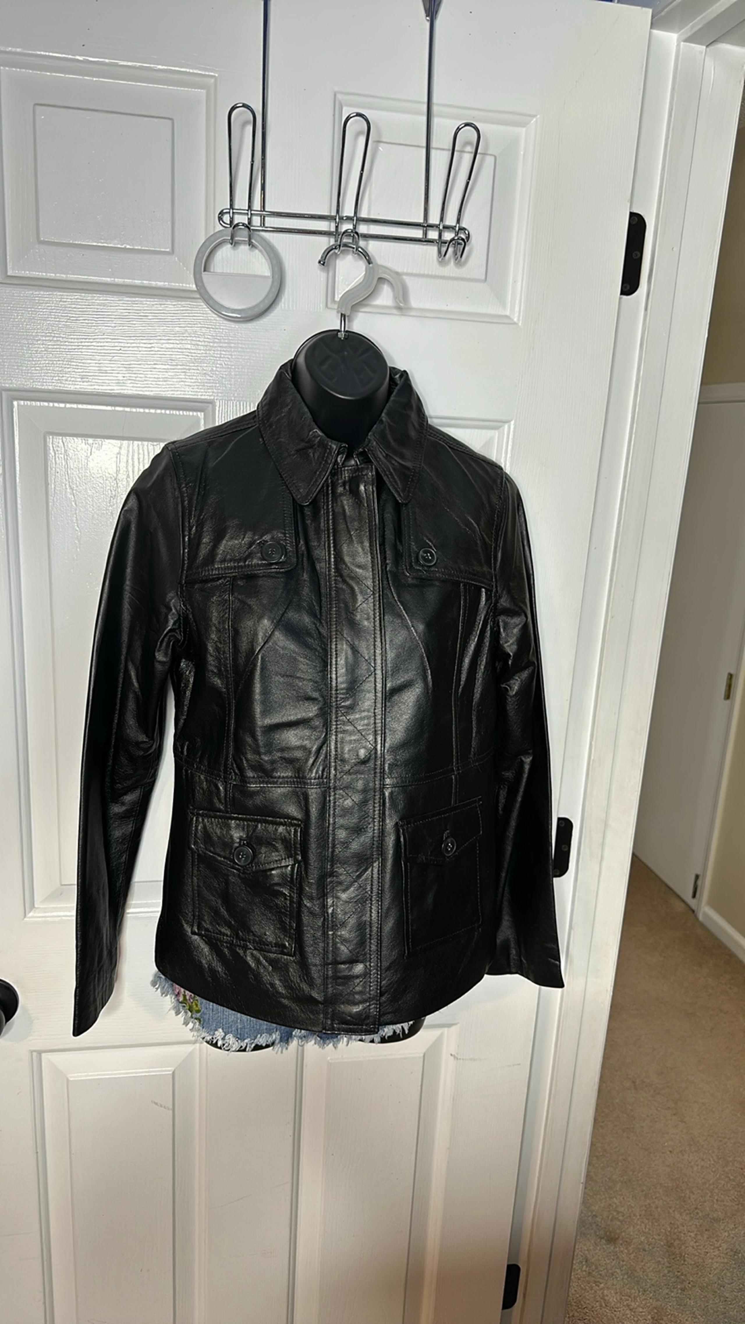 Isaac Mizrahi Love Black Genuine Leather Jacket Coat Pink Lining