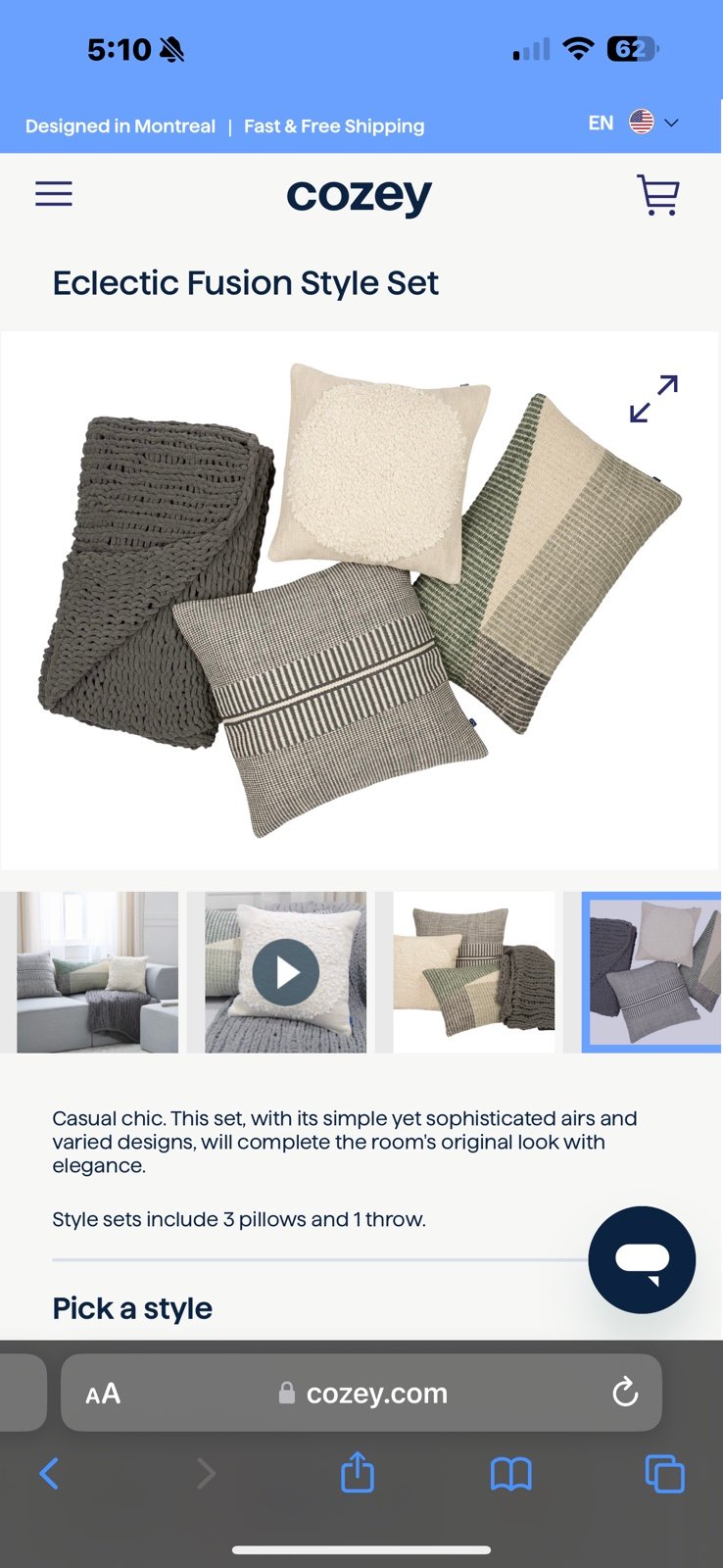 Cozey throw pillow and blanket set