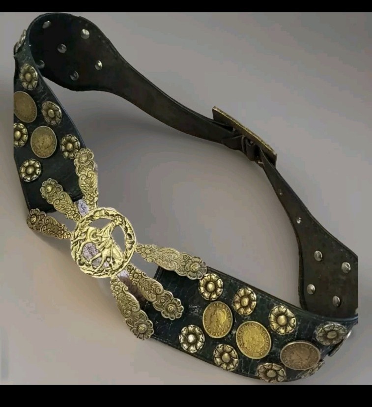 Vintage Argentine Leather Solid Brass Flower And Coin Belt, Removable Buckle