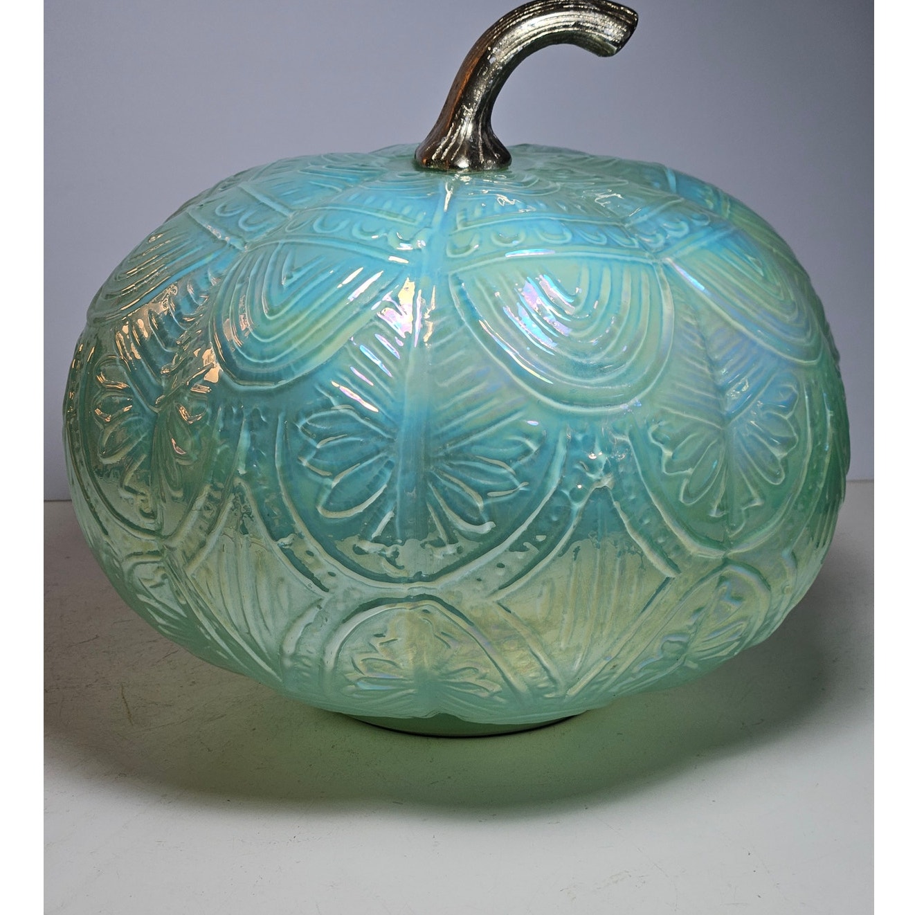 Very Large Iridescent Green Pumpkin with Gold Stem that is Lighted