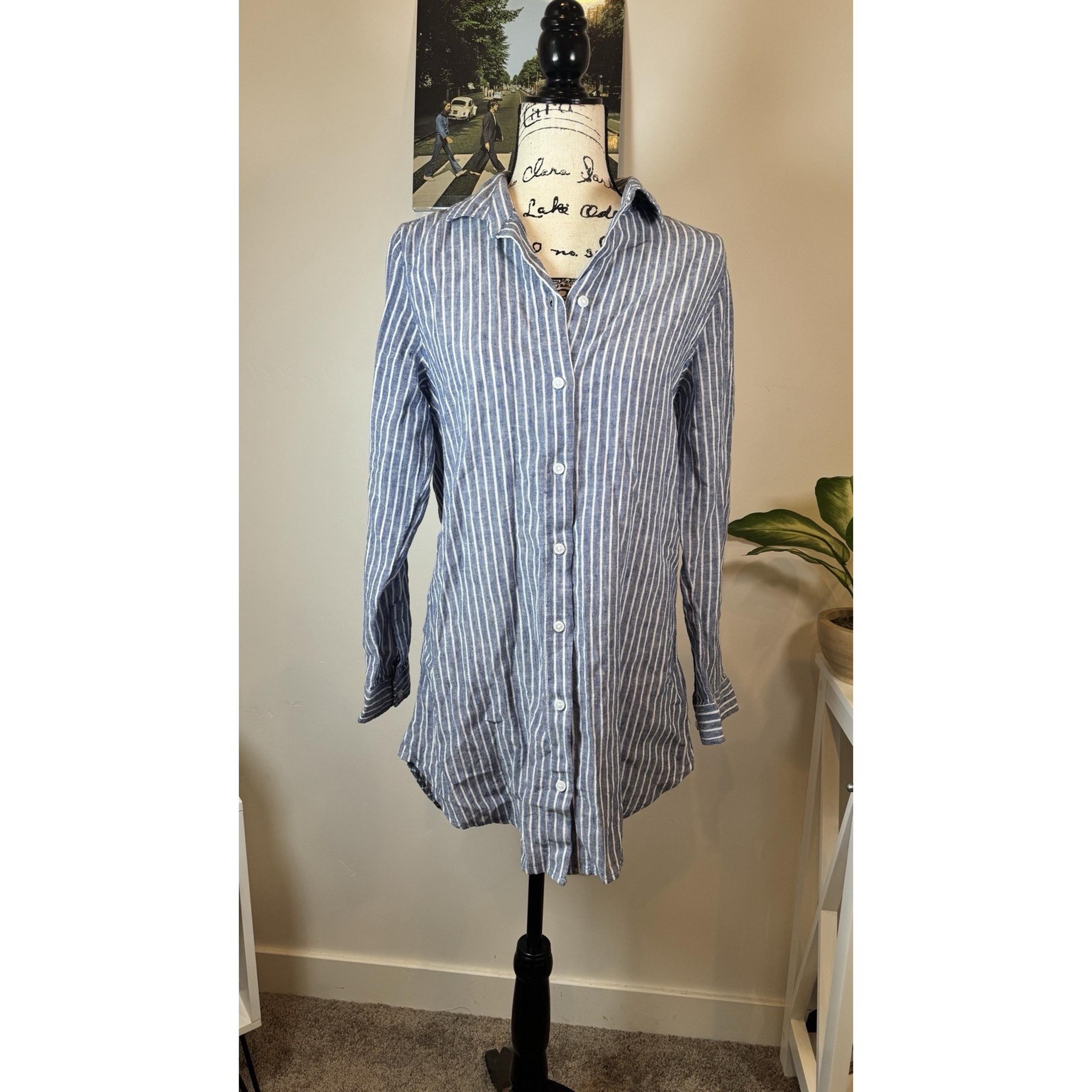 Beach Lunch Lounge Womens Med Shirt Blue Striped Button-Down 100% Cotton