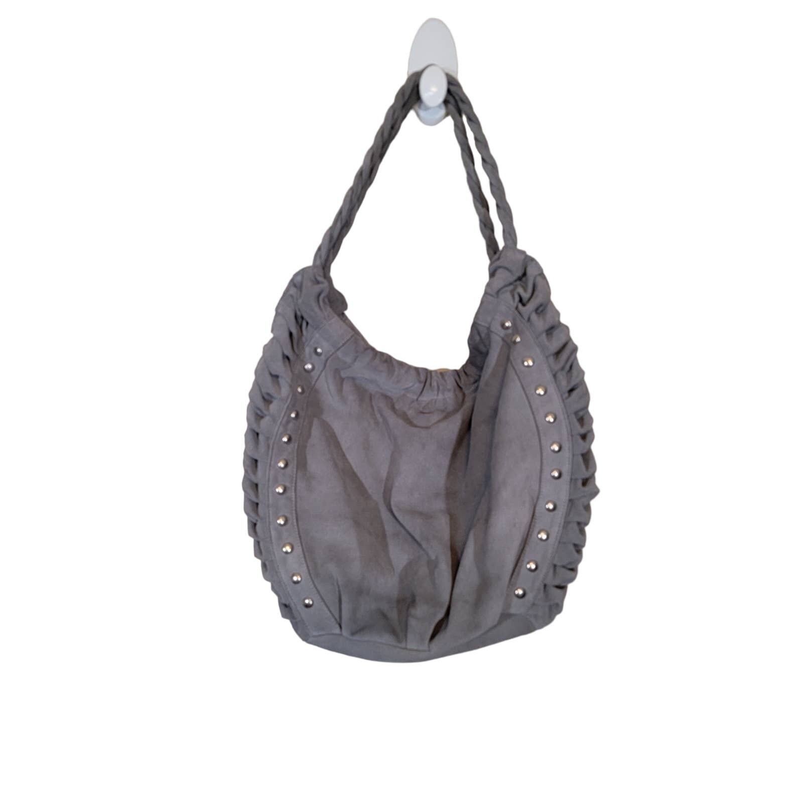 JJ Winters Women's Haylie Suede Slouchy Hobo Tote Bag Studded Pocket Gray Large