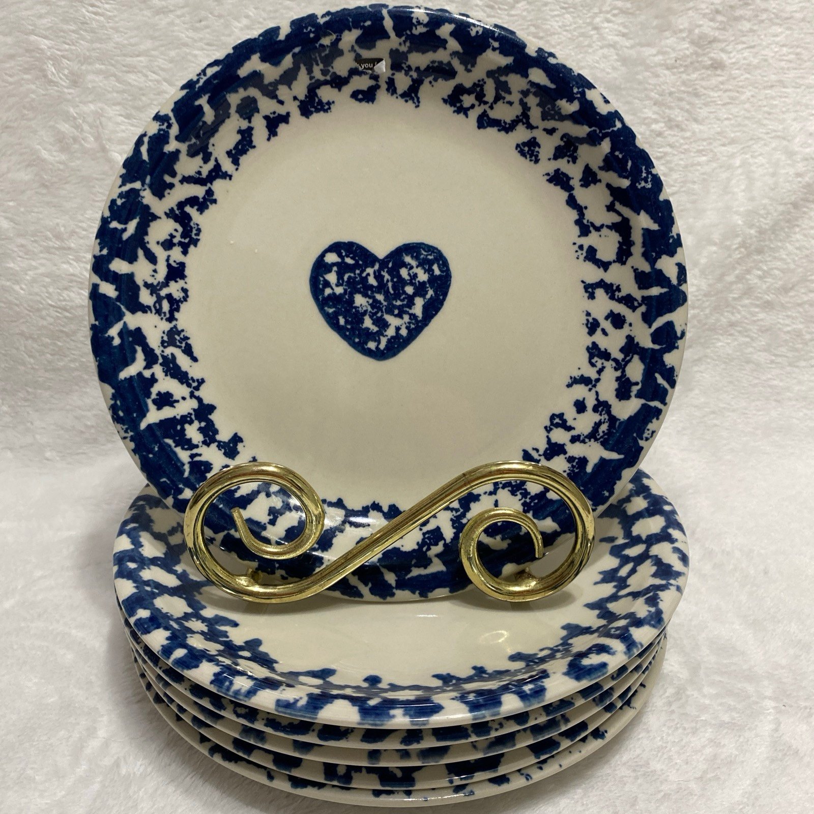 Folk Craft By Tienshan Hearts Blue Sponge Salad/Dessert Plate 7 5/8” (6)