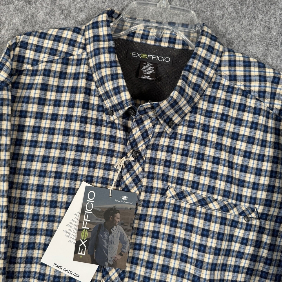 NWT ExOfficio Shirt Mens Size 3XL Plaid Outdoors Performance Fishing Hiking Blue
