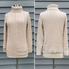 Vintage 90s Cream Cable Knit Cotton Turtleneck Sweater Greek Fisherman Sweater M