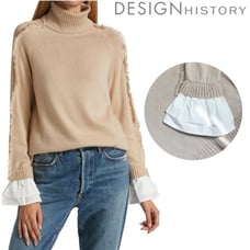 Design History Cashmere Wool Turtleneck Pullover Sweater Beige Fringe Shirt Cuff