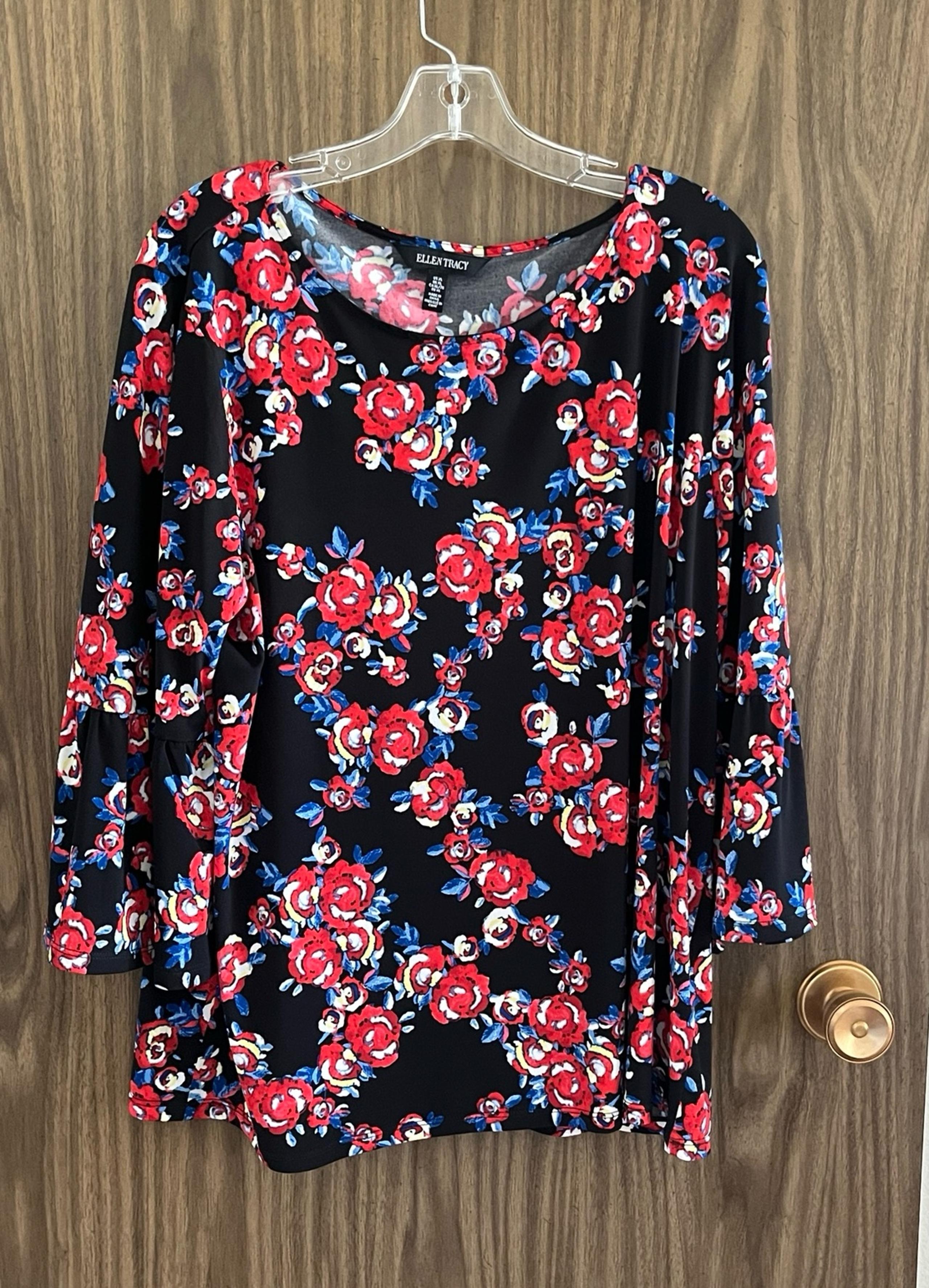 Ellen Tracy XL Black with Flowers Blouse Preowned