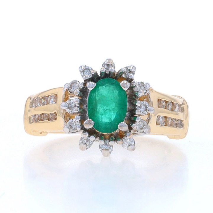 Yellow Gold Emerald & Diamond Halo Ring - 14k Oval .95ctw Floral V2336