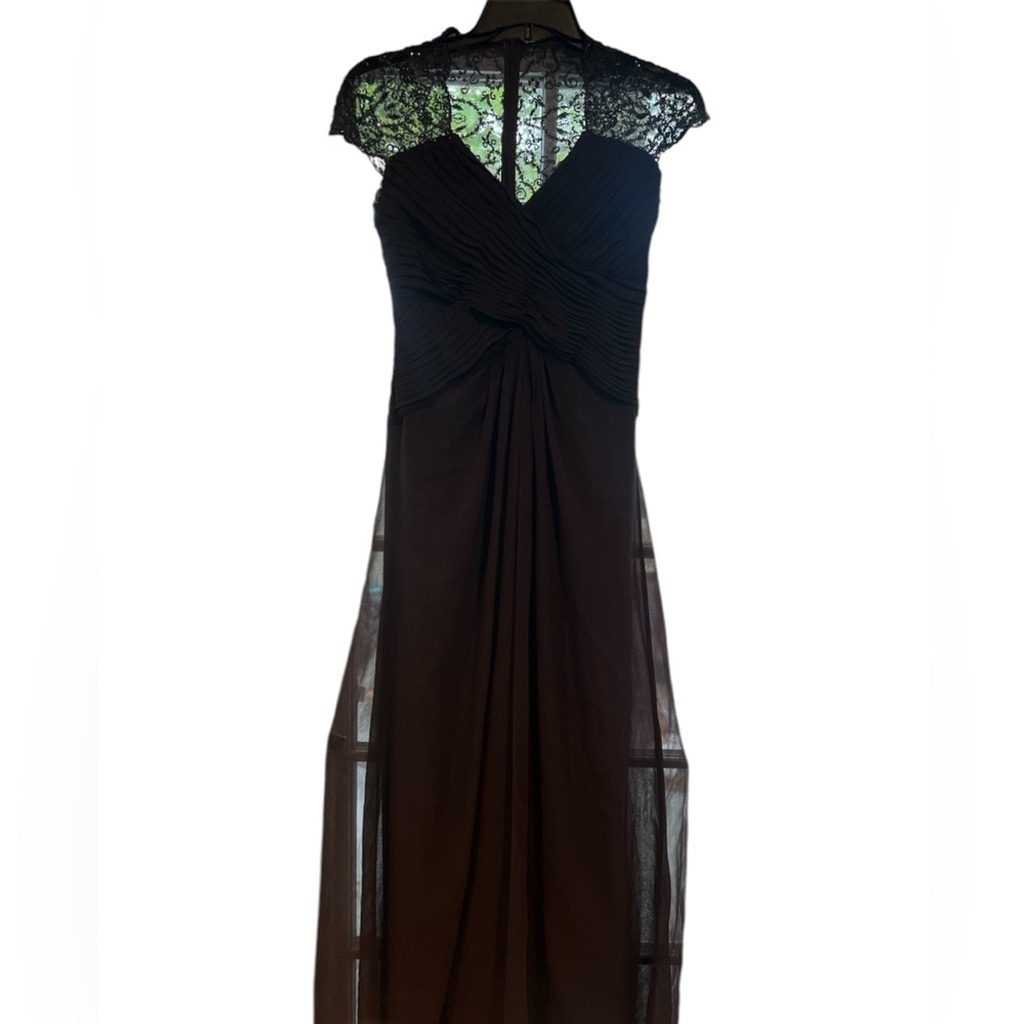 Tadashi Collection Silk Beaded Sequin Cap Sleeves Brown Gown Maxi Dress size 10