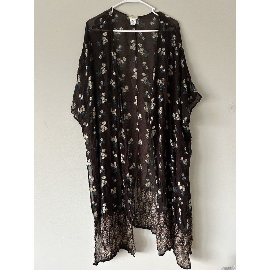 Natural Life Long Brown Kimono Duster Cardigan Boho Floral Hippie Chic One Size