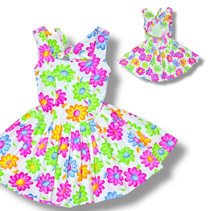 Vintage Y2K Girls Hot Pink + Green Bright Floral Print Backless Twirl Dress 7