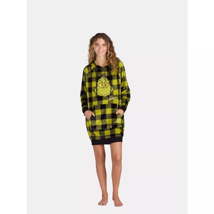 The Grinch Women’s Graphic Nightshirt with Hood Plaid Green Size S New