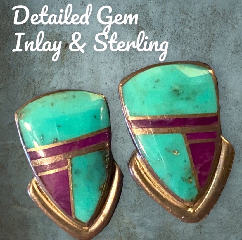 Turquoise & Howlite Inlay Sterling Silver Earrings — Artist Crafted