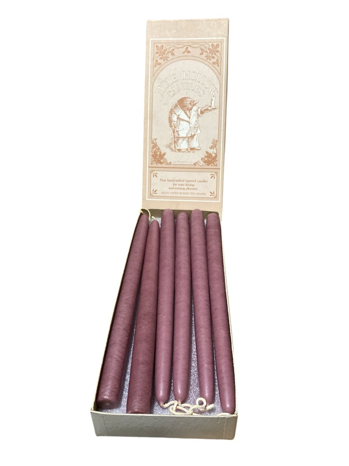 Vintage Mole Hollow Handmade Taper Candles 12” inch Box 12 Mauve Purple Color
