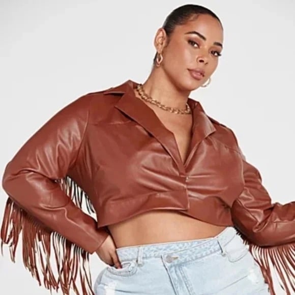 Fashion to Figure Boho Fringe Faux Leather Jacket Size 2X