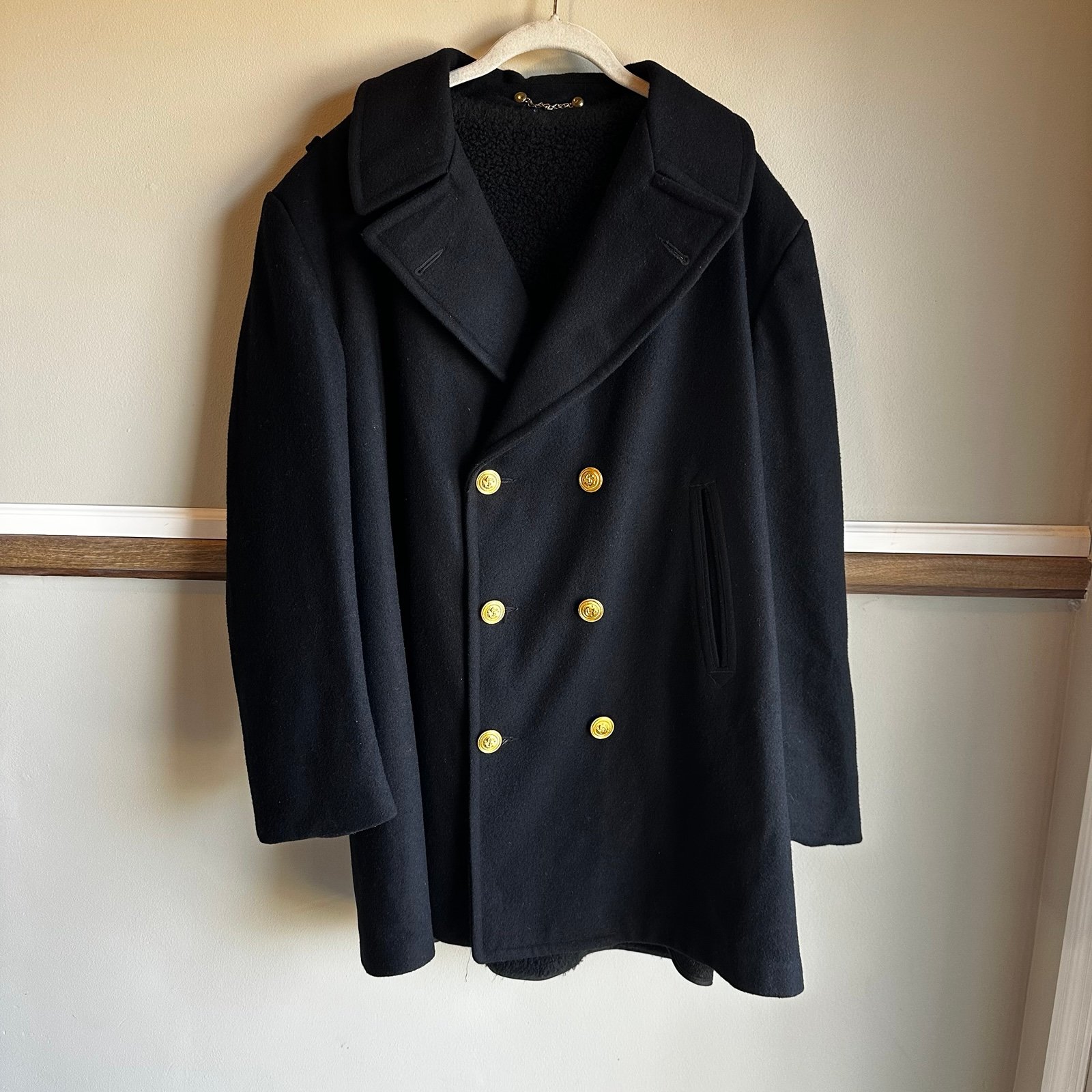 Vintage US Navy Merchant Marine Faux Fur Lined Black Pea Coat
