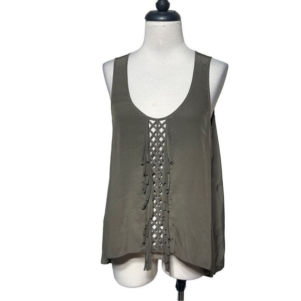 BCBGMAXAZRIA NWT Mura Dusty Olive Sleeveless Silk Fringed Top Size Small