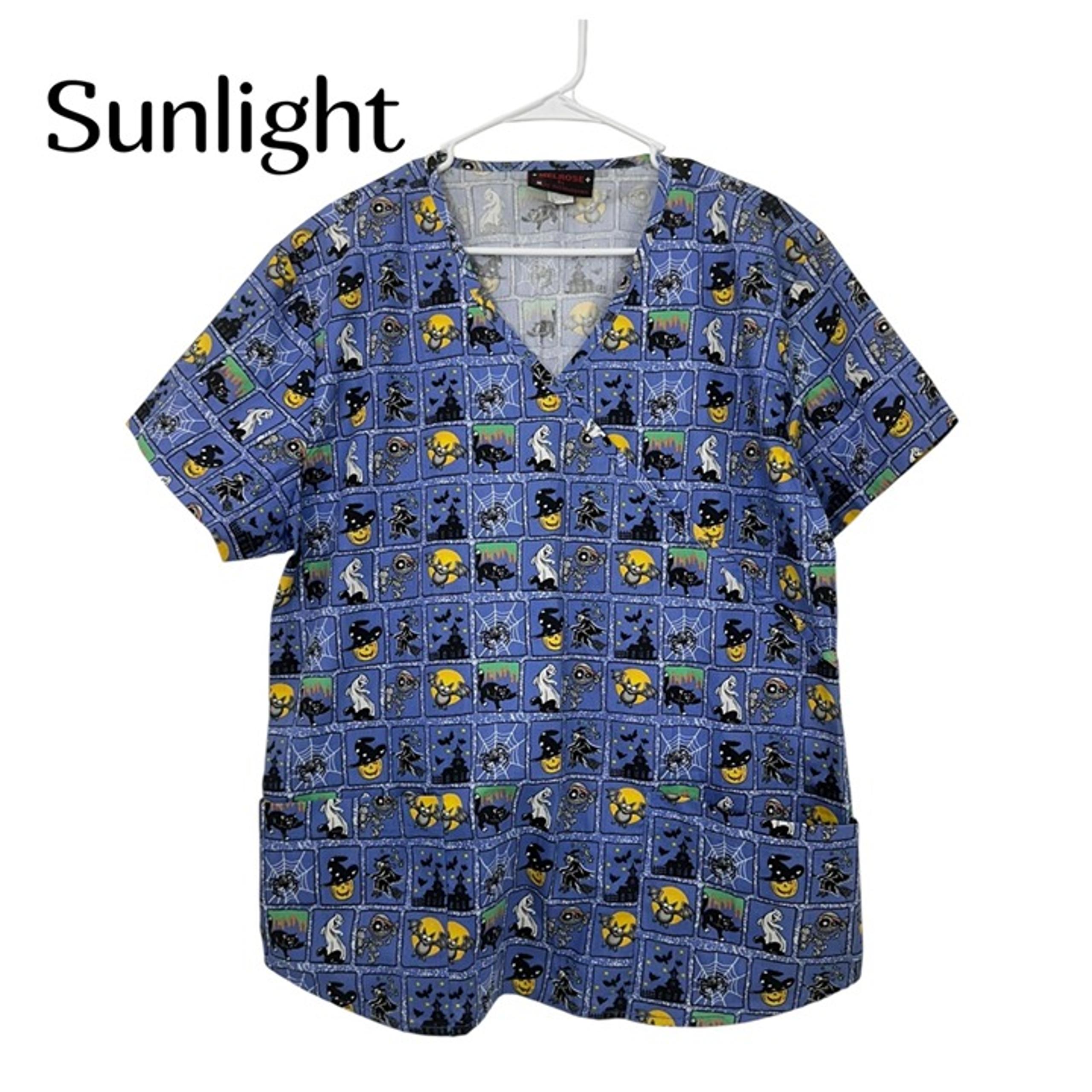 Halloween-Themed Blue Scrub Top With Fun Print Women SZ 2XL By Melrose