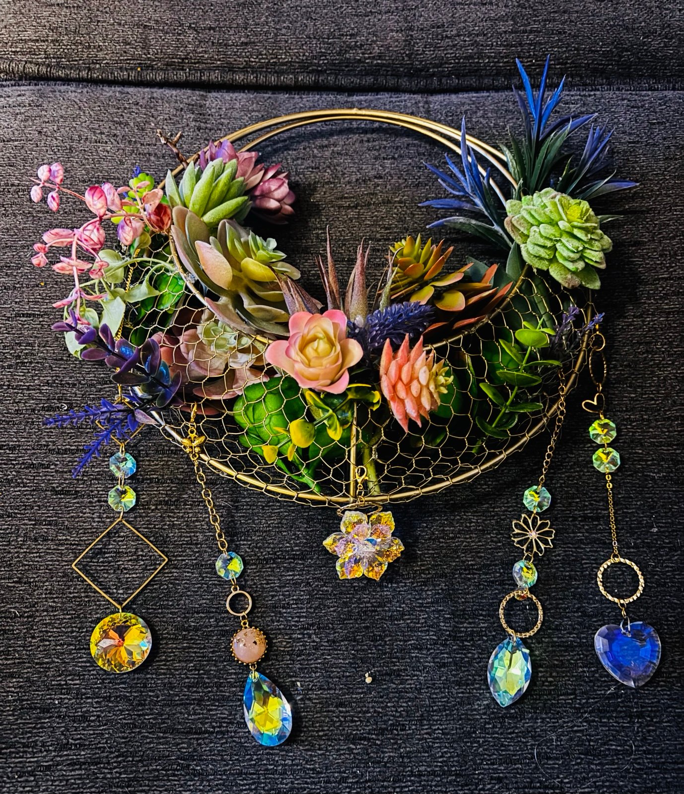 Handmade Mystical Succulent Wreathe with Hanging Sun Catchers