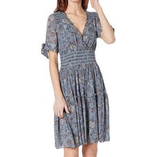FRYE Natalie Blue Magdalena V-Neck Floral Smocked Dress Boho Size L