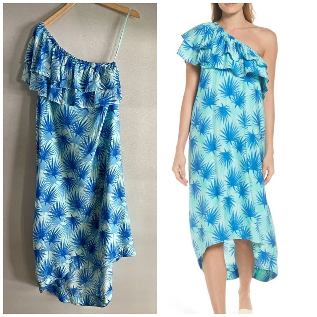 Vineyard Vines blue palm leaf turquoise one shoulder ruffle midi dress beach