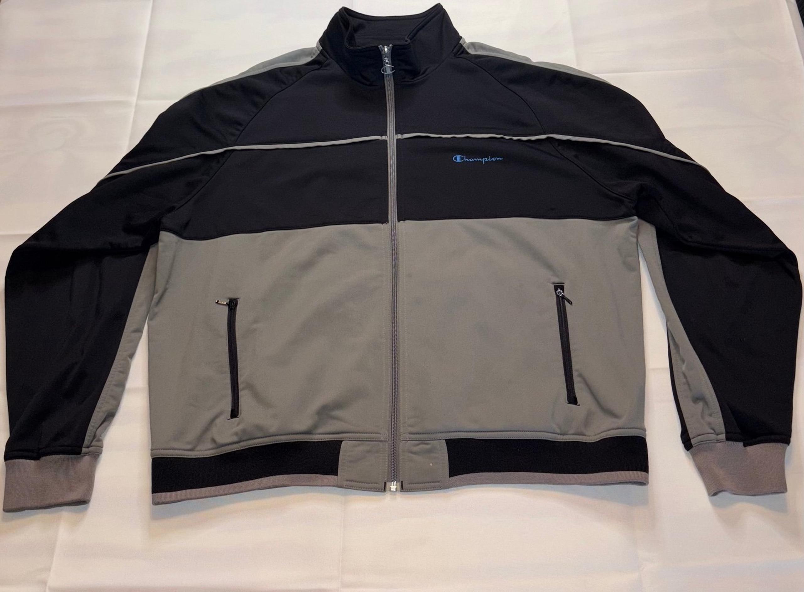 Y2K Grey and Black Champion Track Jacket Zip Up Men's Size L